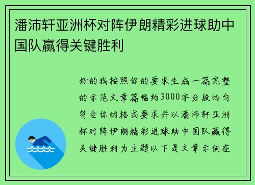 潘沛轩亚洲杯对阵伊朗精彩进球助中国队赢得关键胜利